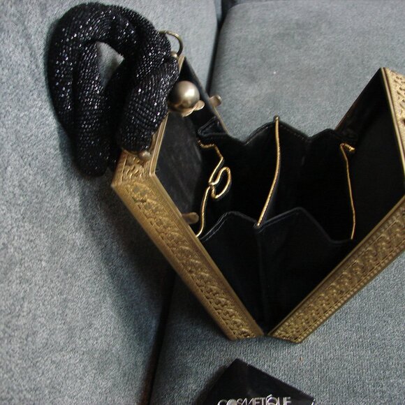 Vintage Purse 1940s Tyrolean Bag Mini Streamer Black Sequin and gold filigree - Picture 10 of 11